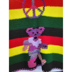Grateful Dead Peace Bear Crochet‎ Blanket Handmade Hippie Throw 37x33